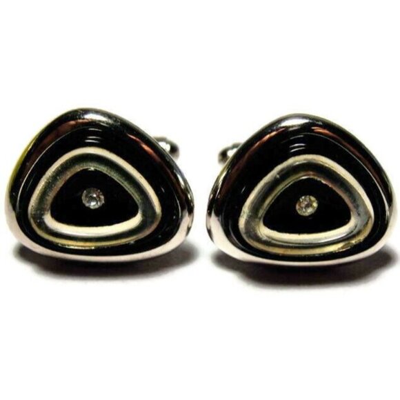 Signed Shields Triangle Black Silver Tone Cufflinks Tux Shirt Dress Suit Vintage - Picture 7 of 10